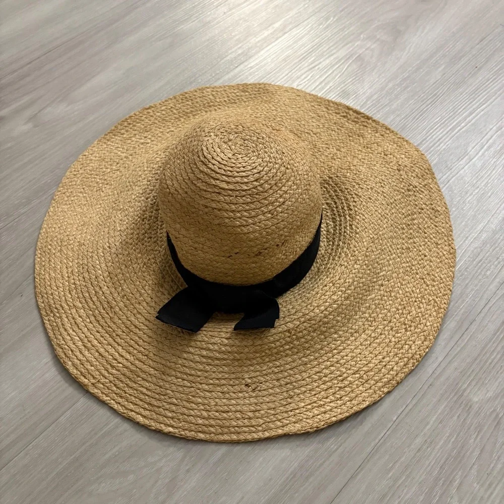 Woven Straw Hat Women Wide Brim Tan with Black Ribbon Bow Accent Summer Beach